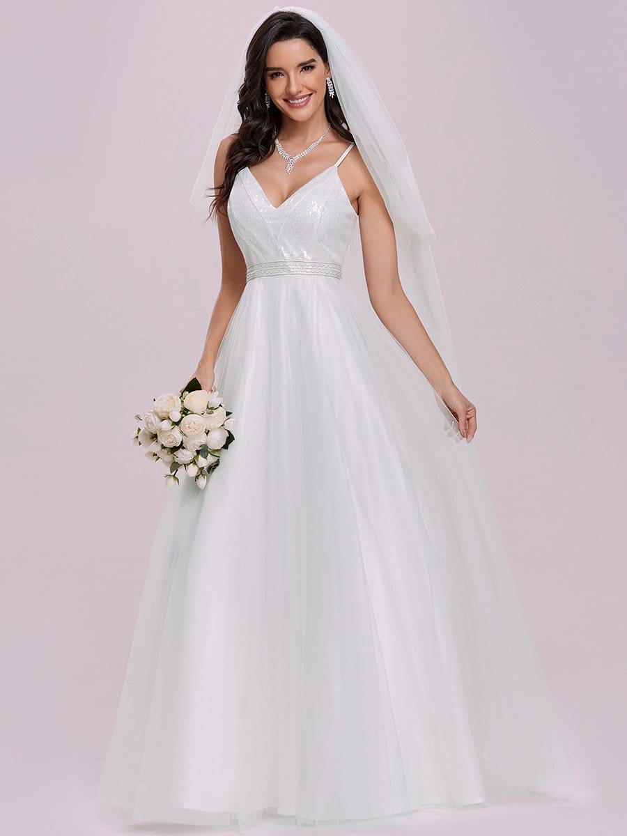 Color=Cream | Shimmering V-Neck Floor-Length A-Line Wedding Gown-Cream 4 Color=Cream | Shimmering V-Neck Floor-Length A-Line Wedding Gown-Cream 4