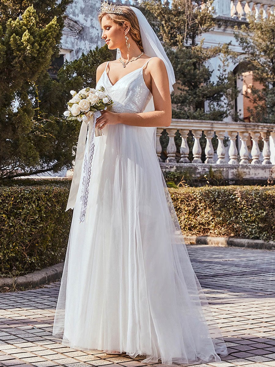 Shimmering V neck Floor Length A line Wedding Gown