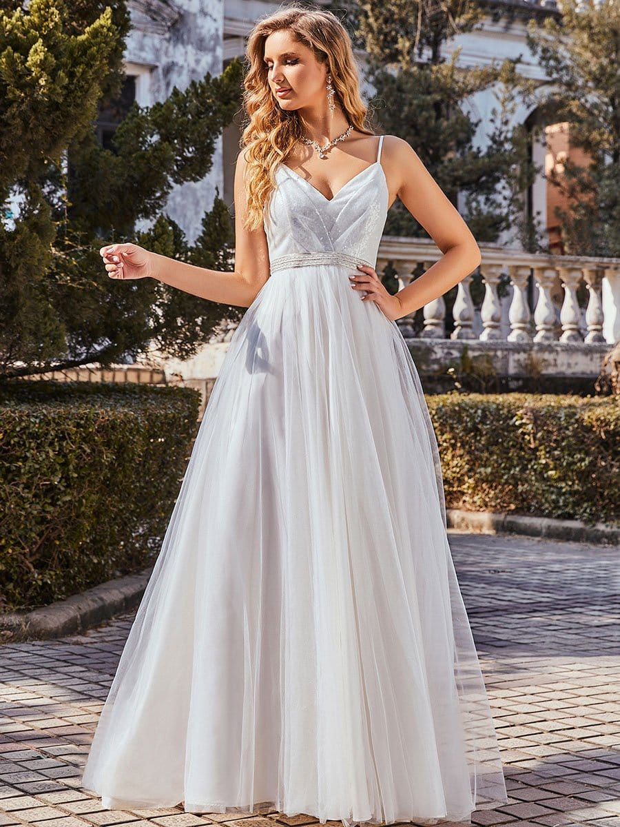 Color=Cream | Shimmering V-Neck Floor-Length A-Line Wedding Gown-Cream 2 Color=Cream | Shimmering V-Neck Floor-Length A-Line Wedding Gown-Cream 2
