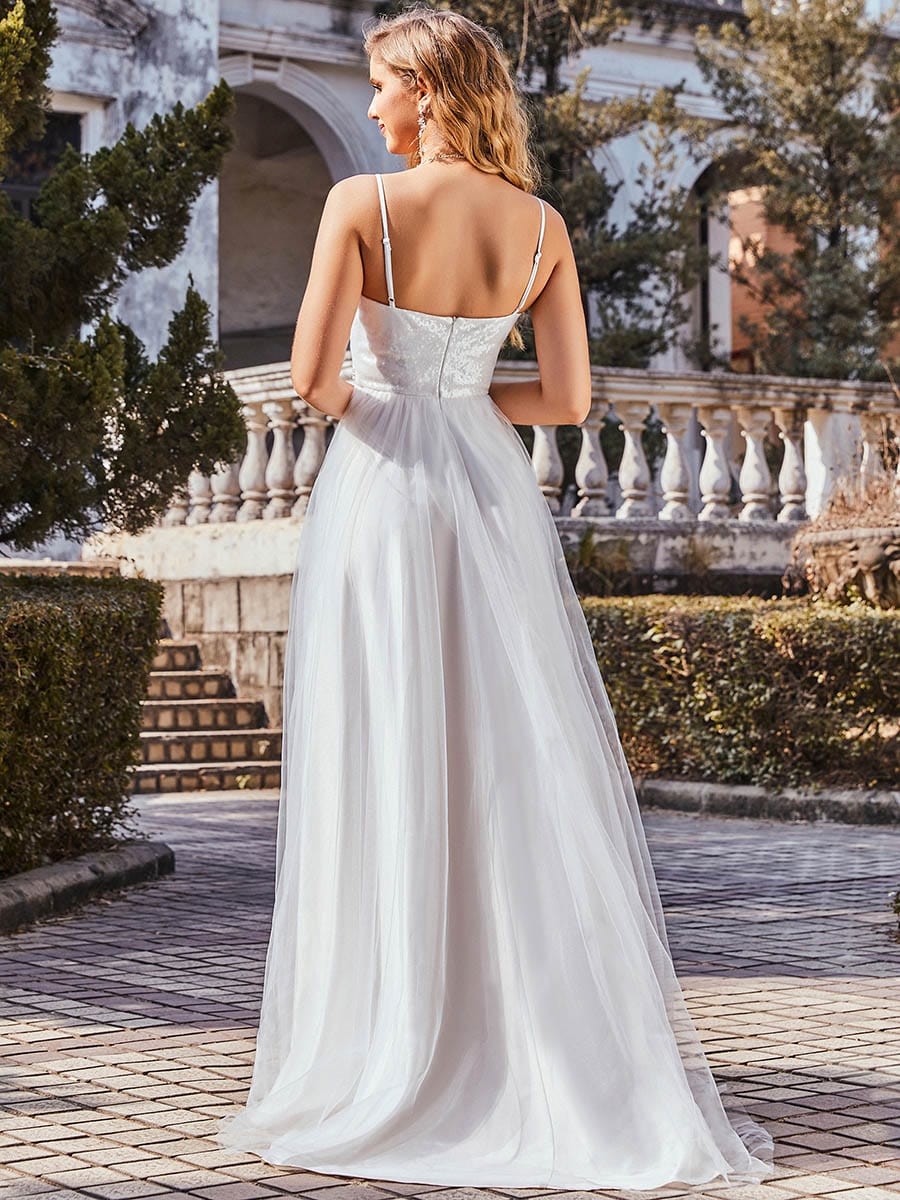 Color=Cream | Shimmering V-Neck Floor-Length A-Line Wedding Gown-Cream 3 Color=Cream | Shimmering V-Neck Floor-Length A-Line Wedding Gown-Cream 3