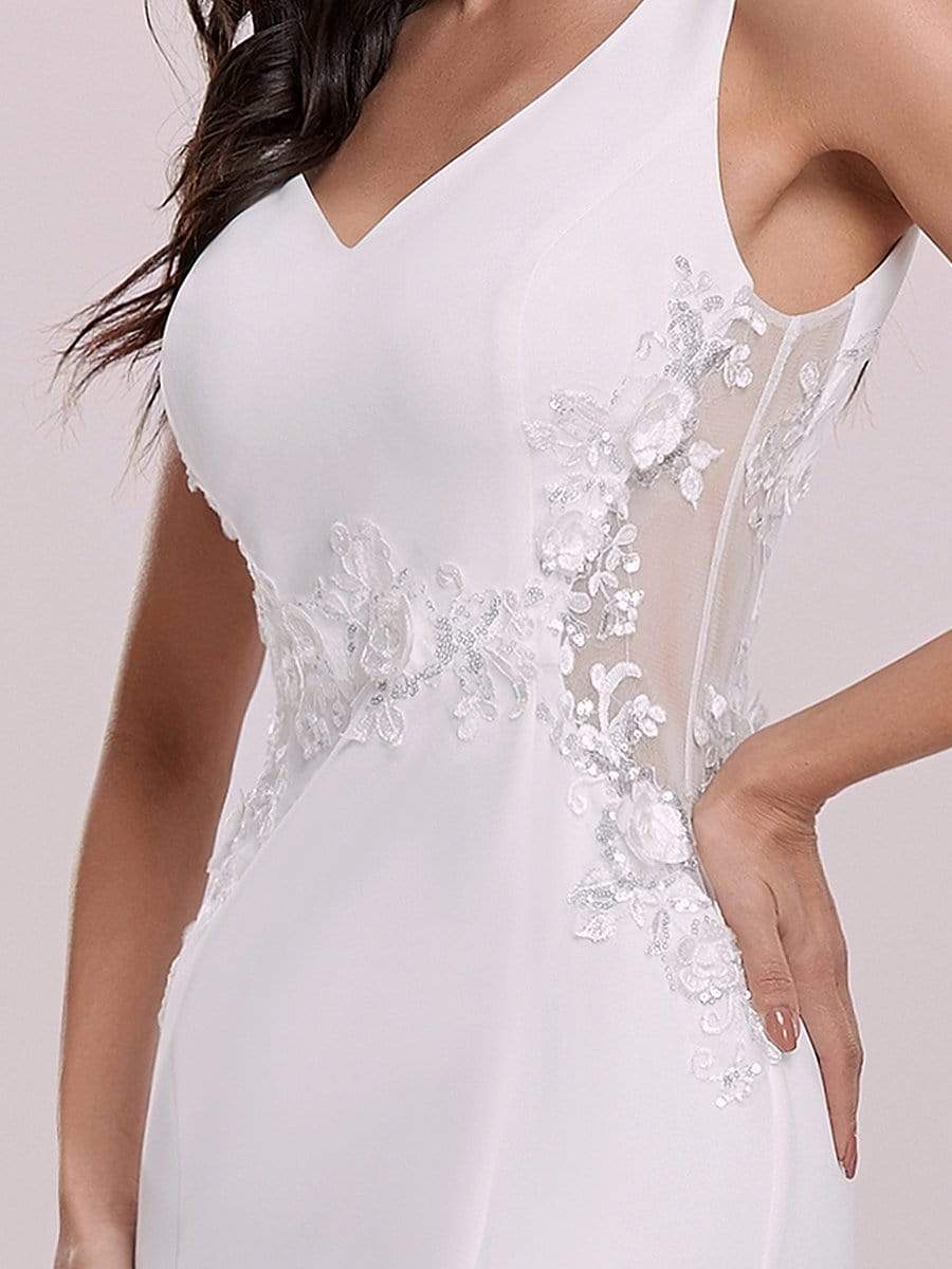 Color=Cream | Elegant Deep V-Neck See-Through Fishtail Wedding Gown-Cream 8 Color=Cream | Elegant Deep V-Neck See-Through Fishtail Wedding Gown-Cream 8