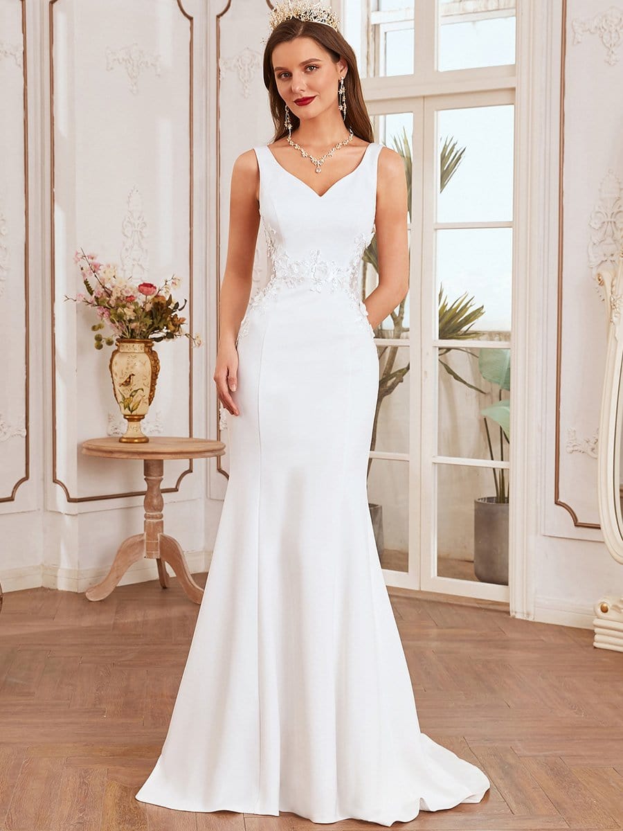 Color=Cream | Elegant Deep V-Neck See-Through Fishtail Wedding Gown-Cream 3 Color=Cream | Elegant Deep V-Neck See-Through Fishtail Wedding Gown-Cream 3
