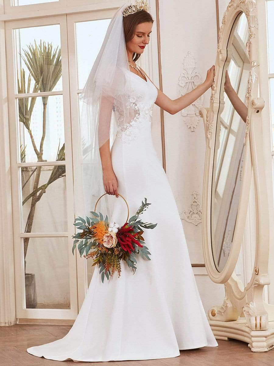 Color=Cream | Elegant Deep V-Neck See-Through Fishtail Wedding Gown-Cream 1 Color=Cream | Elegant Deep V-Neck See-Through Fishtail Wedding Gown-Cream 1