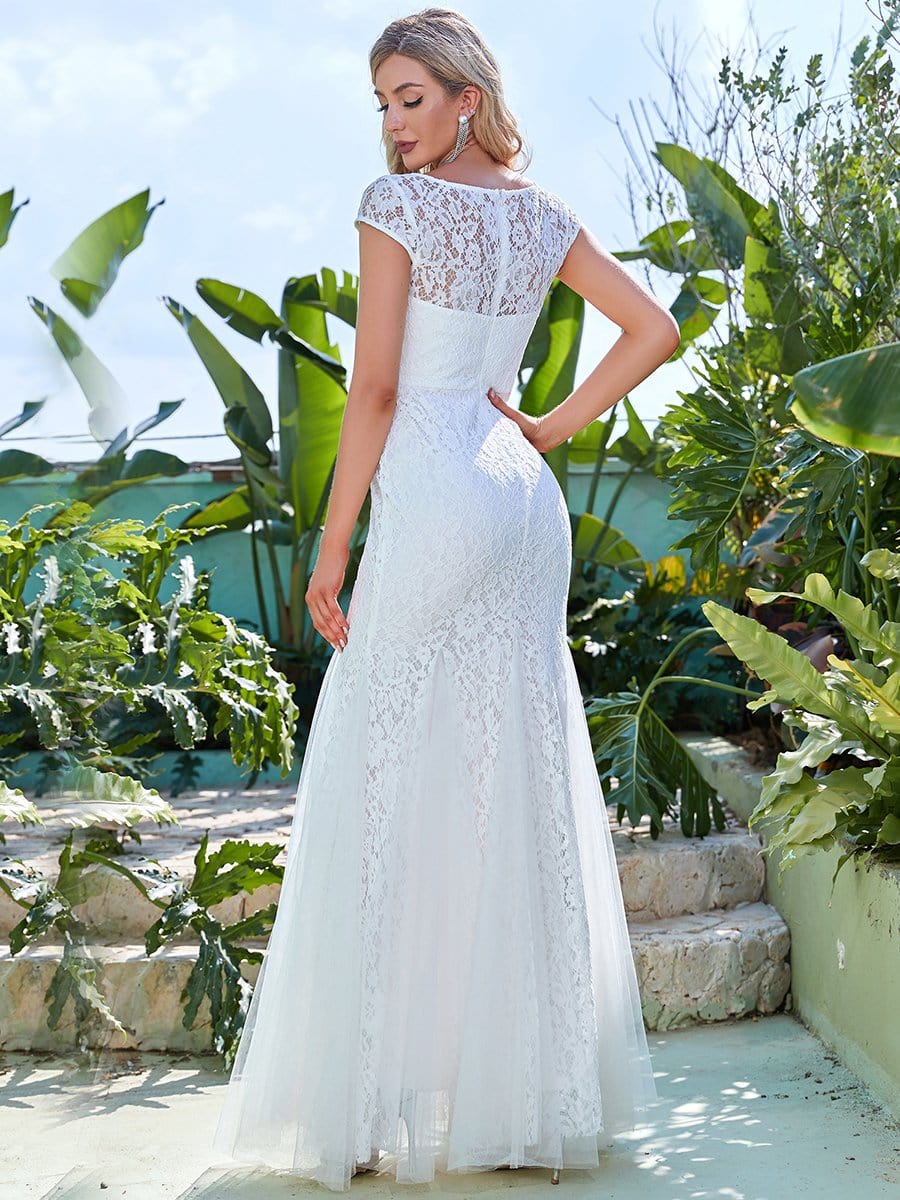 Color=Cream | Romantic Deep V Cap Sleeves Embroidered Floor-Length Godet Wedding Dress-Cream 2 Color=Cream | Romantic Deep V Cap Sleeves Embroidered Floor-Length Godet Wedding Dress-Cream 2
