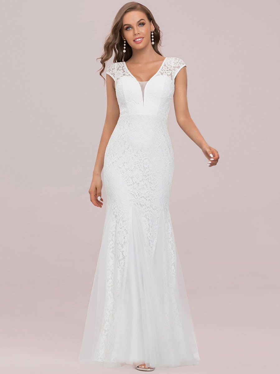 Color=Cream | Romantic Deep V Cap Sleeves Embroidered Floor-Length Godet Wedding Dress-Cream 5 Color=Cream | Romantic Deep V Cap Sleeves Embroidered Floor-Length Godet Wedding Dress-Cream 5