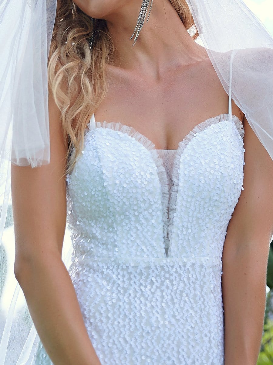 Color=Cream | Elegant Sweetheart Spaghetti Strap Padded Slit Paillette Wedding Dress-Cream 3 Color=Cream | Elegant Sweetheart Spaghetti Strap Padded Slit Paillette Wedding Dress-Cream 3