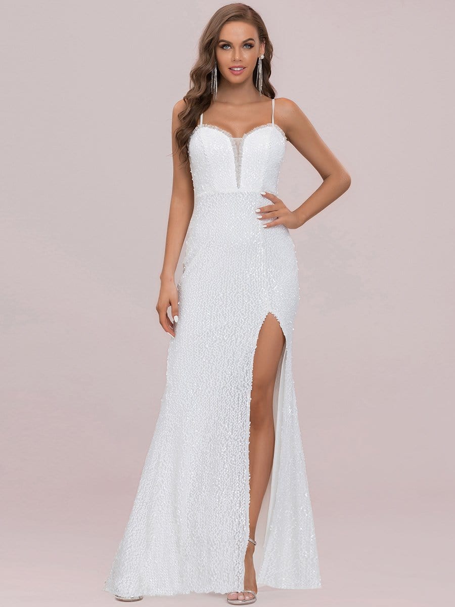 Color=Cream | Elegant Sweetheart Spaghetti Strap Padded Slit Paillette Wedding Dress-Cream 6 Color=Cream | Elegant Sweetheart Spaghetti Strap Padded Slit Paillette Wedding Dress-Cream 6