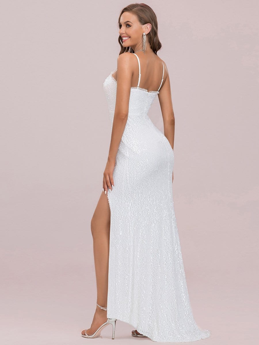 Color=Cream | Elegant Sweetheart Spaghetti Strap Padded Slit Paillette Wedding Dress-Cream 7 Color=Cream | Elegant Sweetheart Spaghetti Strap Padded Slit Paillette Wedding Dress-Cream 7