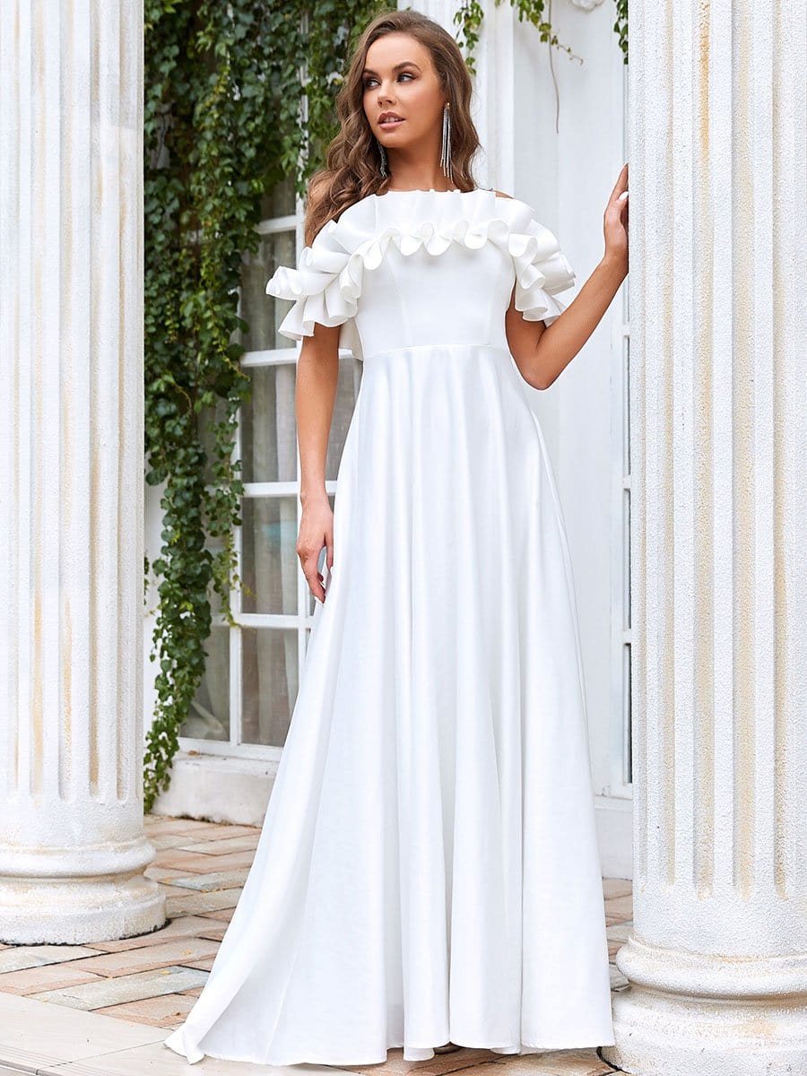 Color=Cream | A Line Off The Shoulder Ruffle Maxi Wedding Dress-Cream 1 Color=Cream | A Line Off The Shoulder Ruffle Maxi Wedding Dress-Cream 1