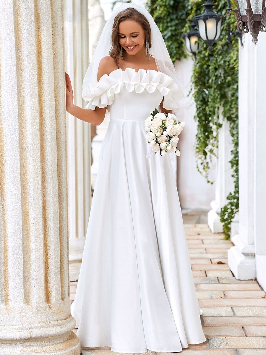 Color=Cream | A Line Off The Shoulder Ruffle Maxi Wedding Dress-Cream 3 Color=Cream | A Line Off The Shoulder Ruffle Maxi Wedding Dress-Cream 3