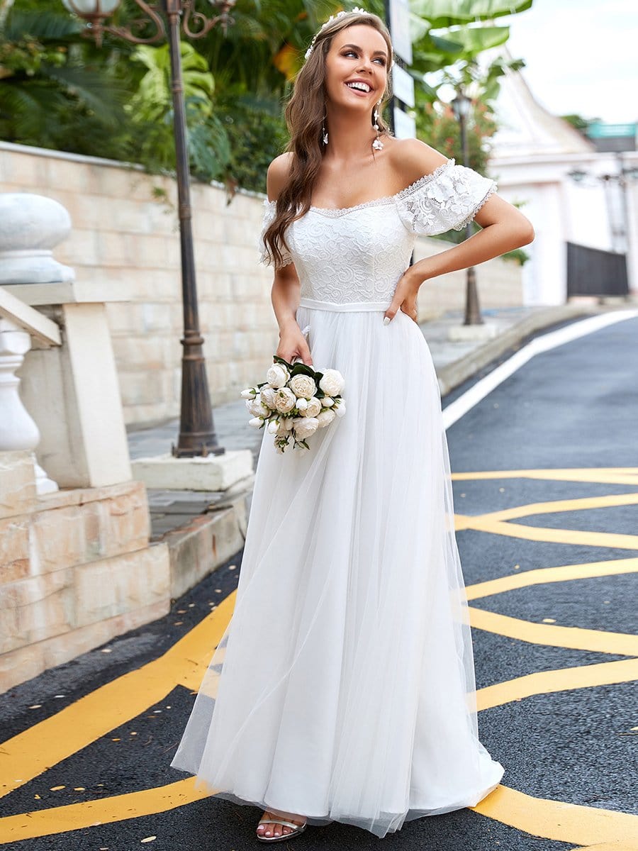Color=Cream | Semi Sweetheart Off Shoulder Embroidered Long Tulle Wedding Dress-Cream 4 Color=Cream | Semi Sweetheart Off Shoulder Embroidered Long Tulle Wedding Dress-Cream 4
