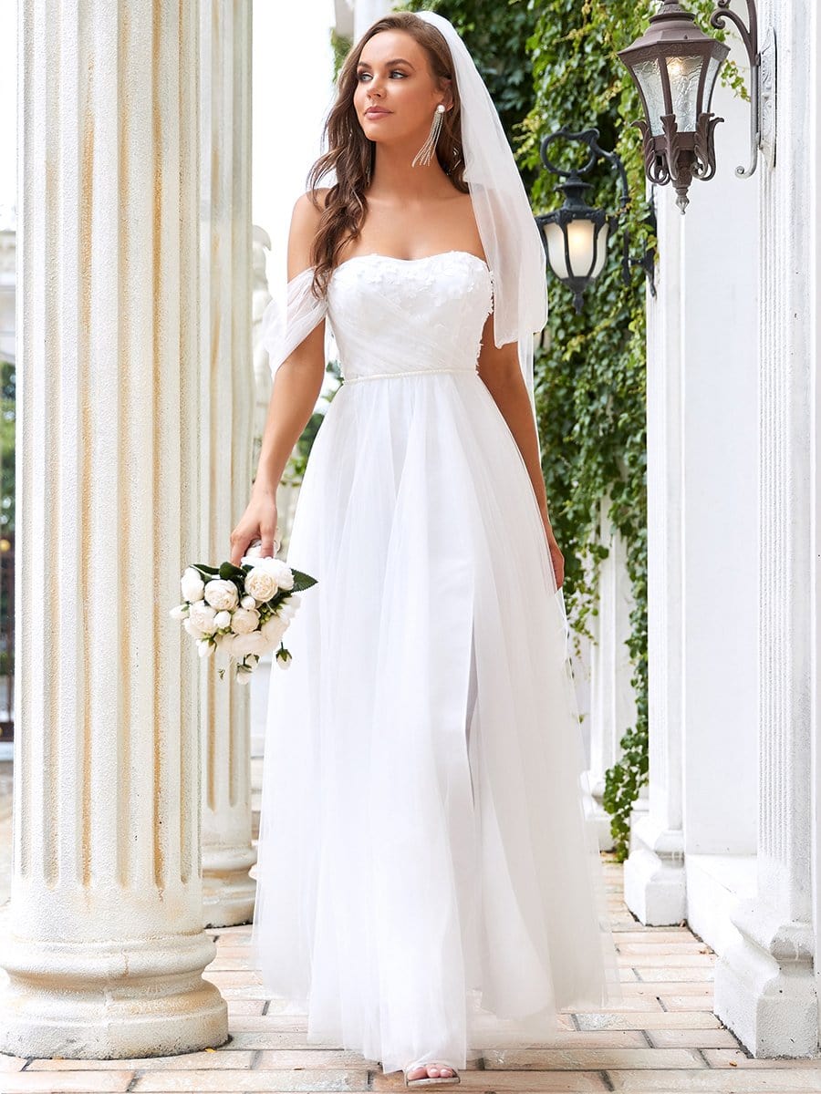 Strapless Floral Embroidered Side Slit Wedding Dress