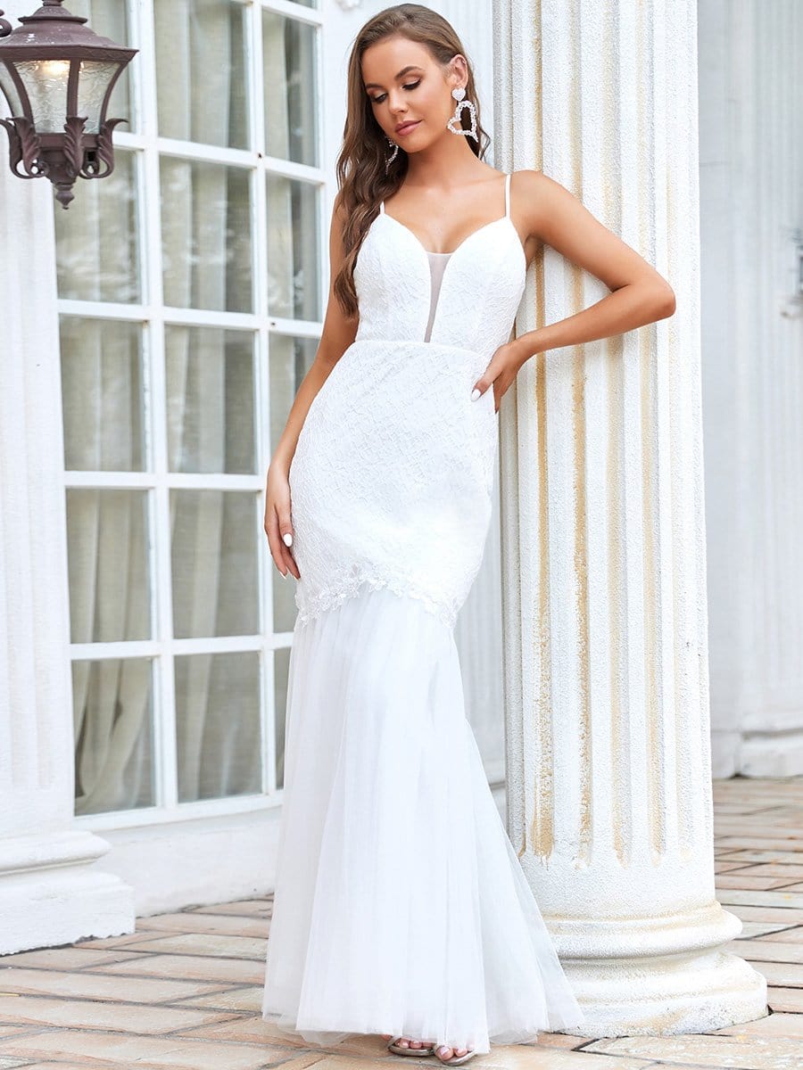 Color=Cream | Sexy Deep V Neck Spaghetti Strap Mermaid Wedding Dress-Cream 5 Color=Cream | Sexy Deep V Neck Spaghetti Strap Mermaid Wedding Dress-Cream 5