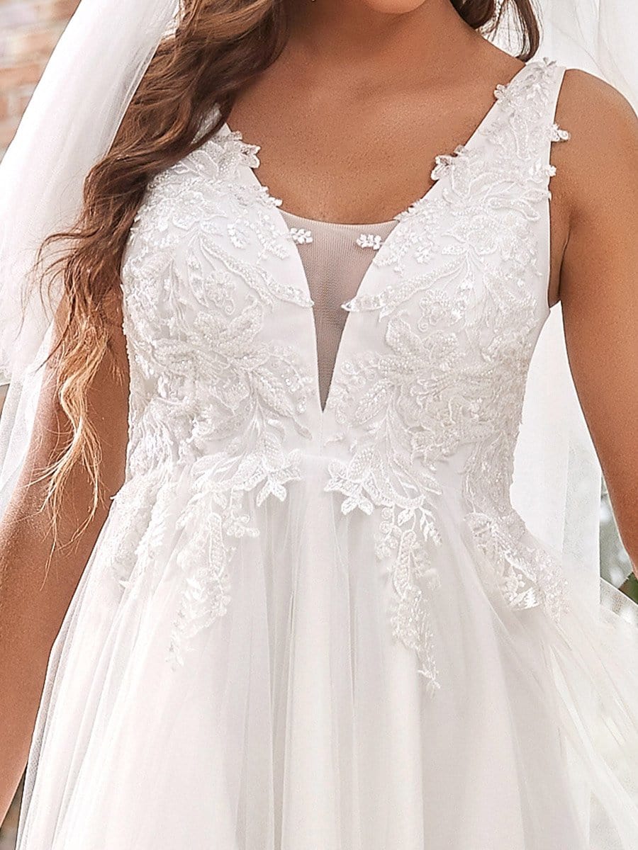 Color=Cream | Deep V Neck Applique High-Low Wedding Dress-Cream 4 Color=Cream | Deep V Neck Applique High-Low Wedding Dress-Cream 4