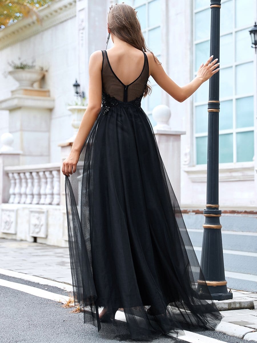 Color=Black | Sexy Split Sweetheart Long Applique Tulle Wedding Dress-Black 2 Color=Black | Sexy Split Sweetheart Long Applique Tulle Wedding Dress-Black 2
