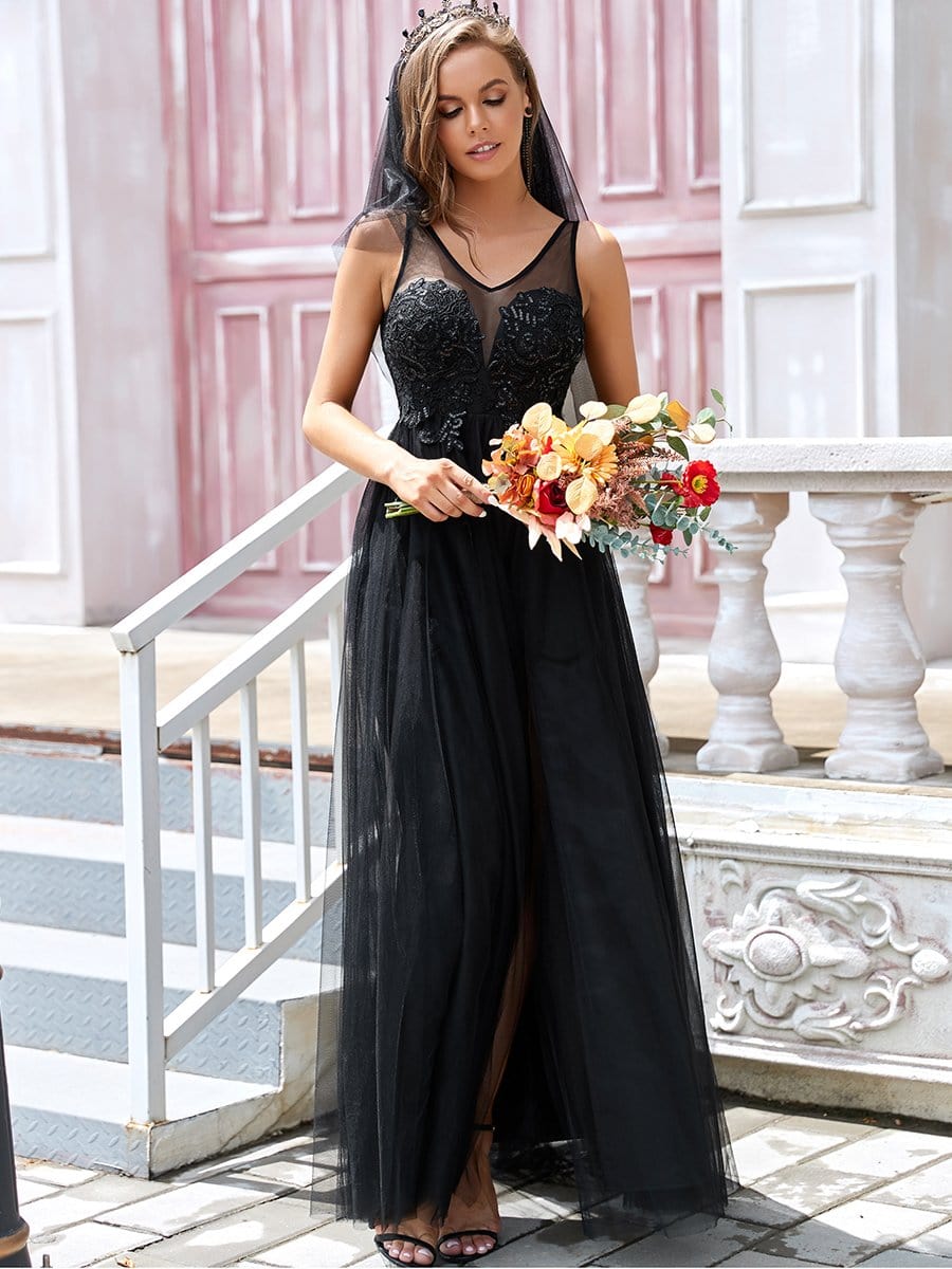 Color=Black | Sexy Split Sweetheart Long Applique Tulle Wedding Dress-Black 5 Color=Black | Sexy Split Sweetheart Long Applique Tulle Wedding Dress-Black 5