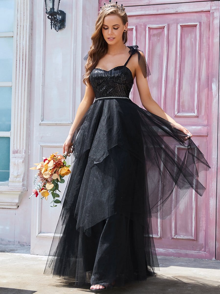 Color=Black | Sleeveless Spaghetti Straps A-Line Long Wedding Dress-Black 3 Color=Black | Sleeveless Spaghetti Straps A-Line Long Wedding Dress-Black 3