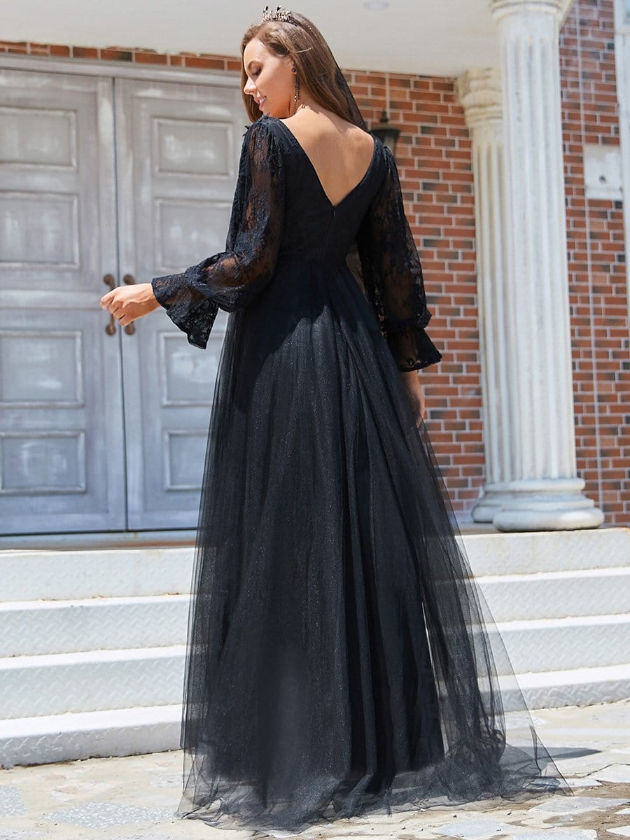 Color=Black | Deep V Neck See-Through Long Sleeves Lace Wedding Dress-Black 2 Color=Black | Deep V Neck See-Through Long Sleeves Lace Wedding Dress-Black 2