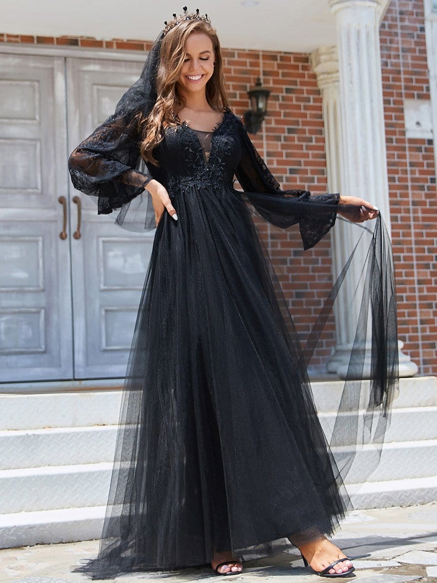 Color=Black | Deep V Neck See-Through Long Sleeves Lace Wedding Dress-Black 5 Color=Black | Deep V Neck See-Through Long Sleeves Lace Wedding Dress-Black 5