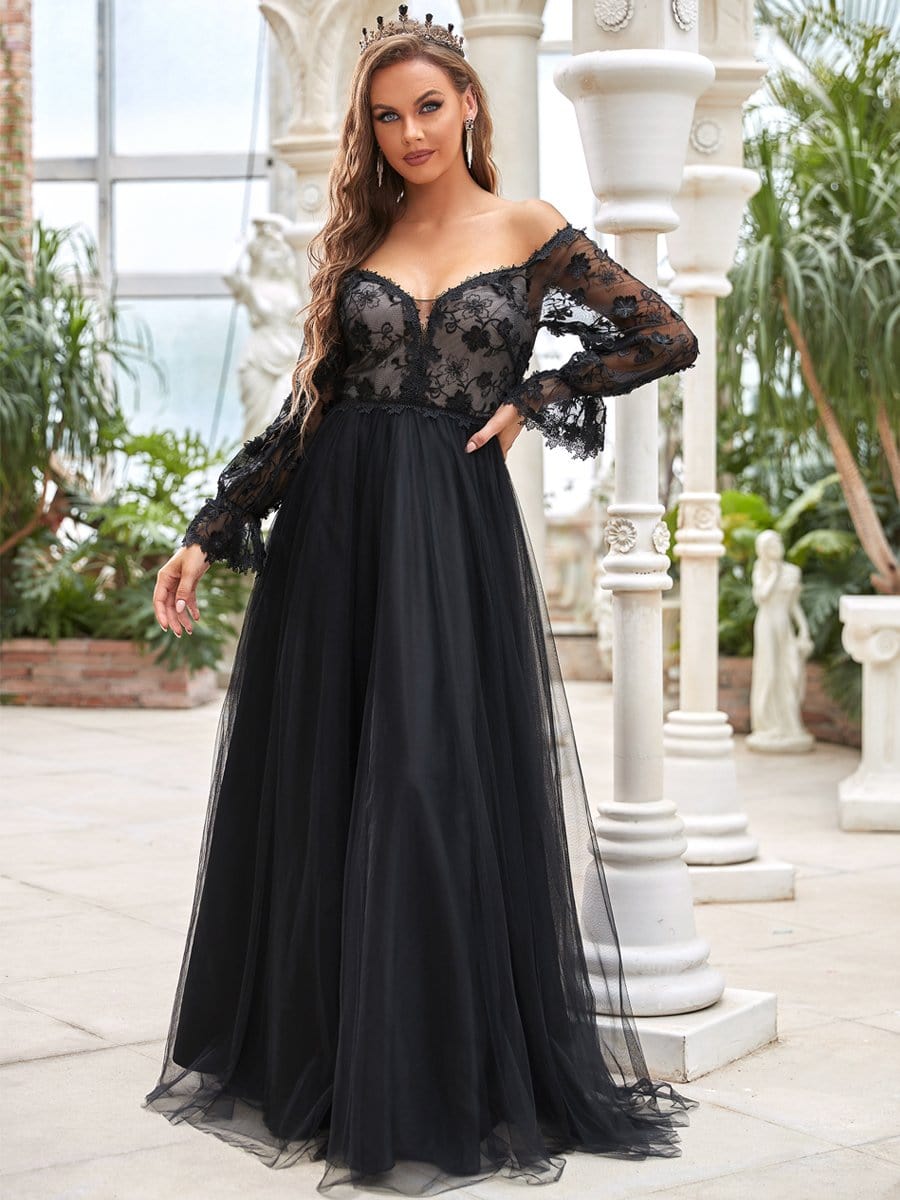 Color=Black | Chic V Neck Empire Waist Long Sleeves Black Wedding Dresses-Black 3 Color=Black | Chic V Neck Empire Waist Long Sleeves Black Wedding Dresses-Black 3