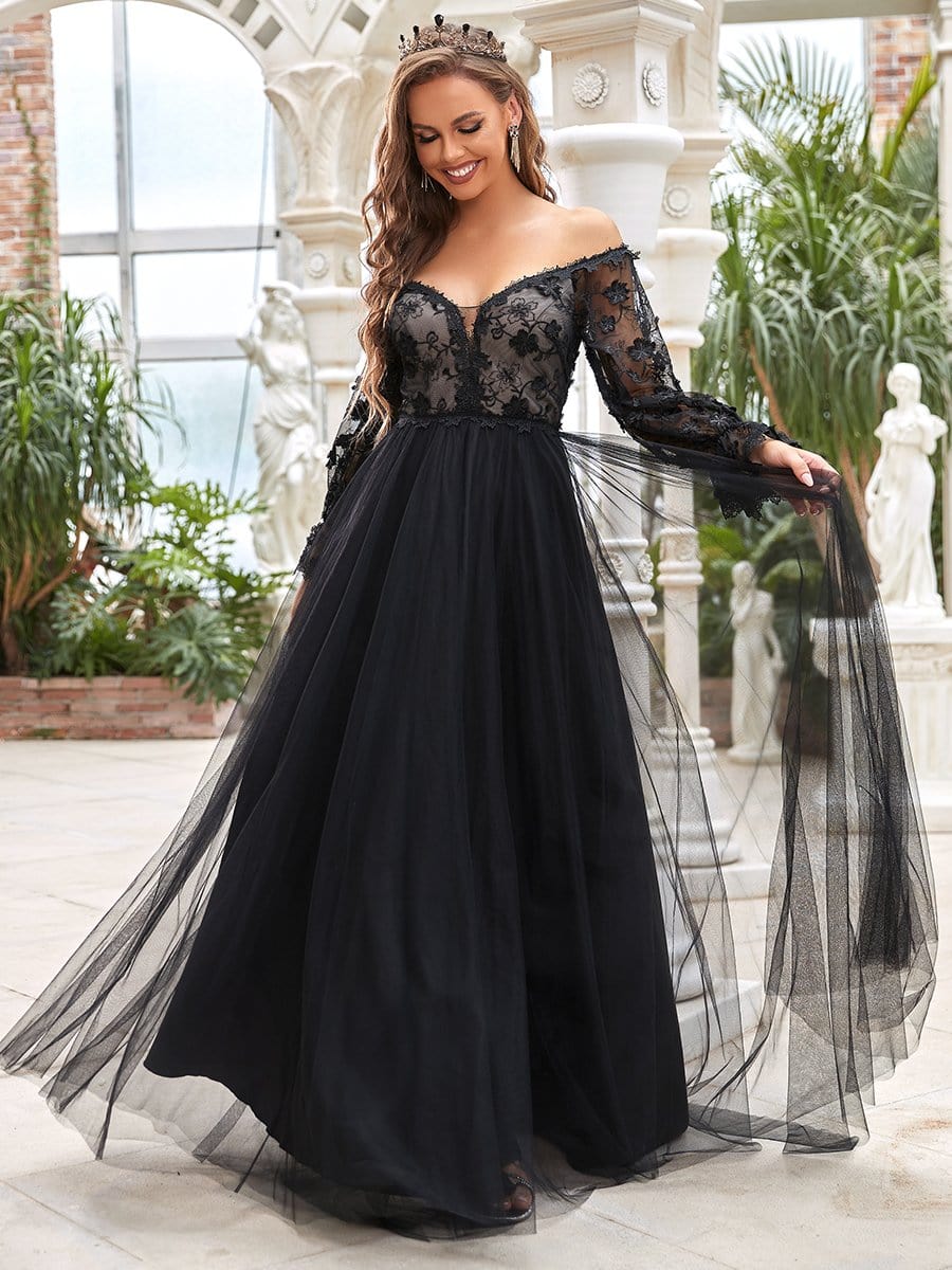 Color=Black | Chic V Neck Empire Waist Long Sleeves Black Wedding Dresses-Black 1 Color=Black | Chic V Neck Empire Waist Long Sleeves Black Wedding Dresses-Black 1