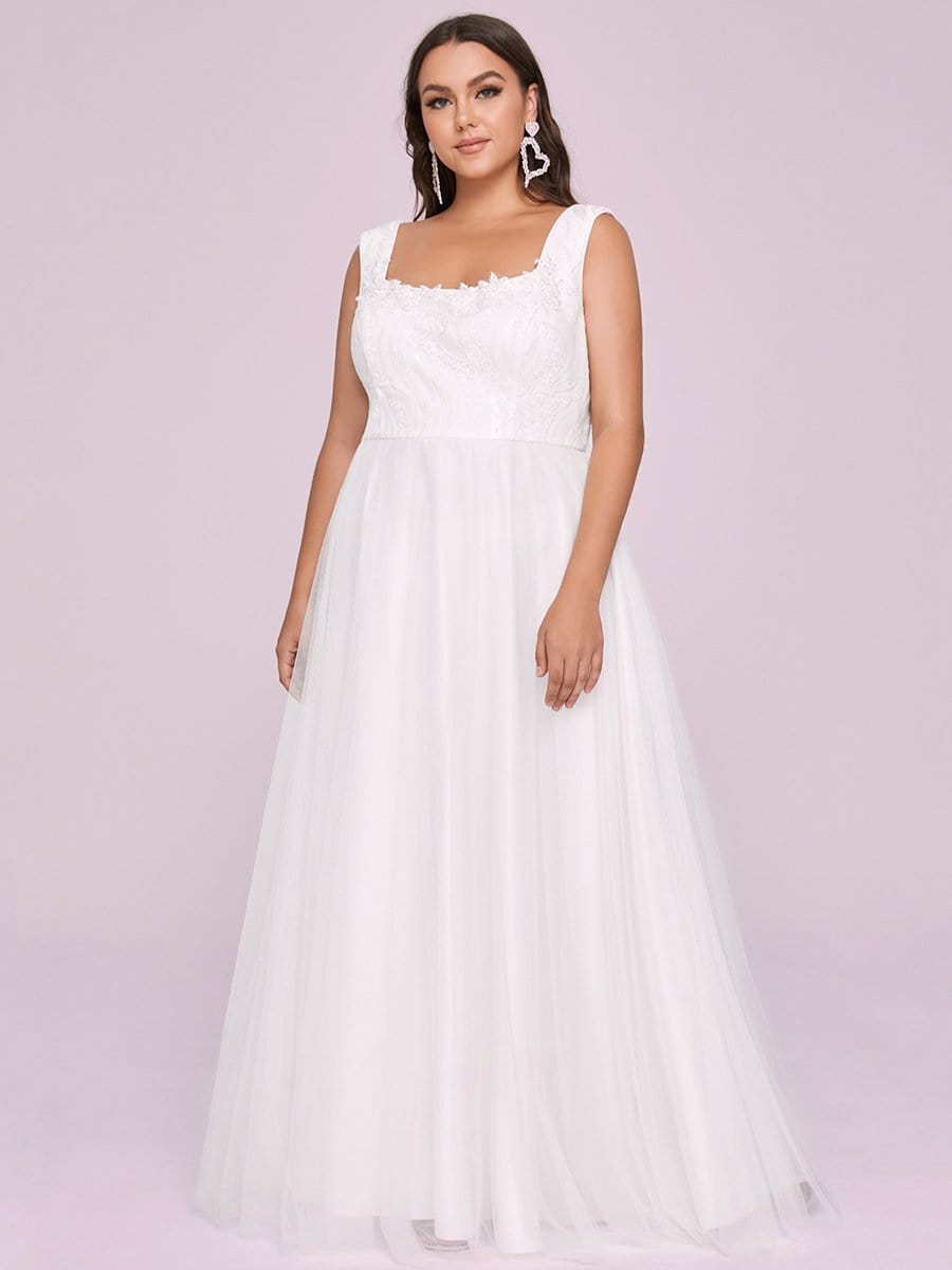 Color=Cream | A Line Floral Applique Long Plus Size Wedding Dress-Cream 6 Color=Cream | A Line Floral Applique Long Plus Size Wedding Dress-Cream 6