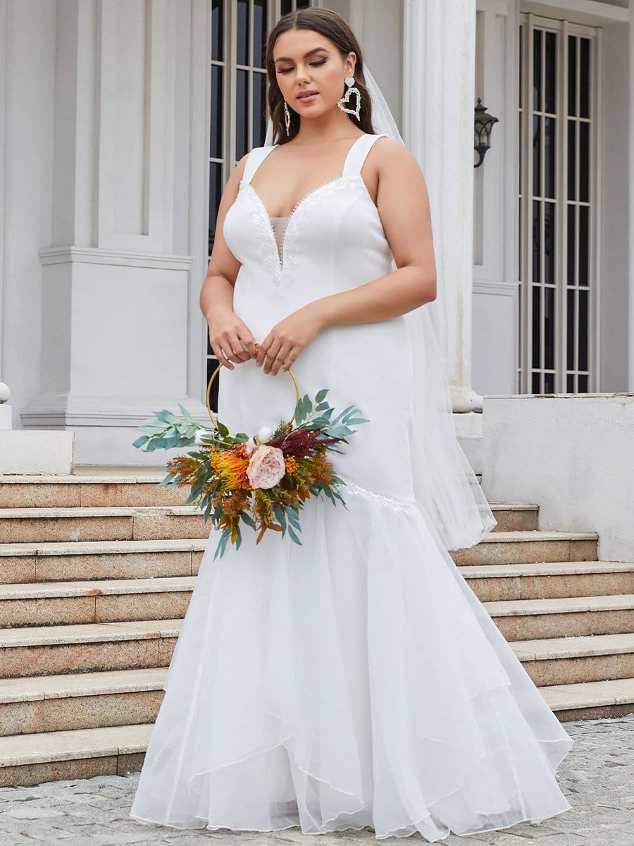 Color=Cream | Elegant Plus Size V Neck Mermaid Wedding Dress-Cream 1 Color=Cream | Elegant Plus Size V Neck Mermaid Wedding Dress-Cream 1
