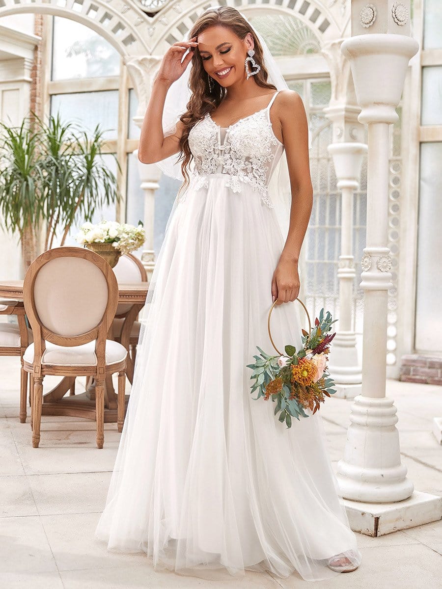 Color=Cream | Sexy V Neck Spaghetti Straps Applique Backless Wedding Dress-Cream 3 Color=Cream | Sexy V Neck Spaghetti Straps Applique Backless Wedding Dress-Cream 3