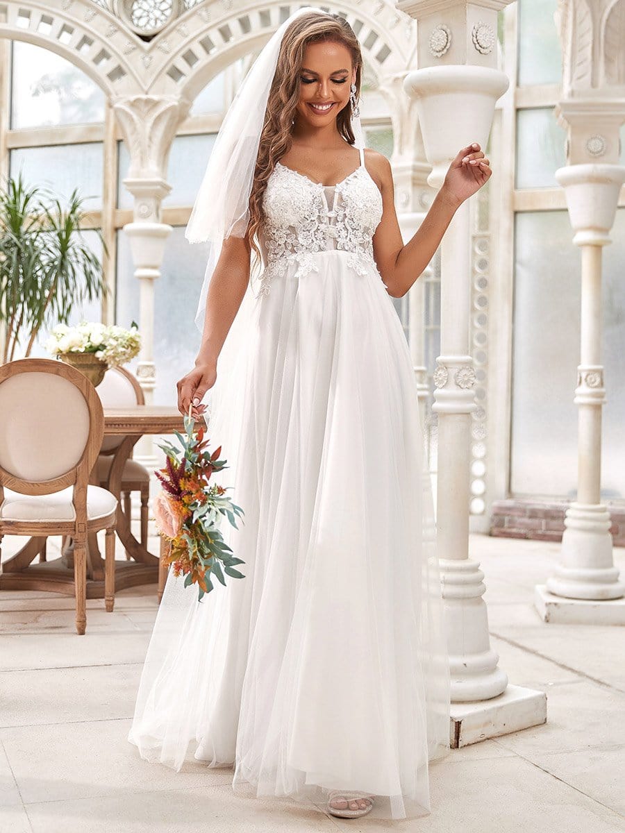 Color=Cream | Sexy V Neck Spaghetti Straps Applique Backless Wedding Dress-Cream 1 Color=Cream | Sexy V Neck Spaghetti Straps Applique Backless Wedding Dress-Cream 1
