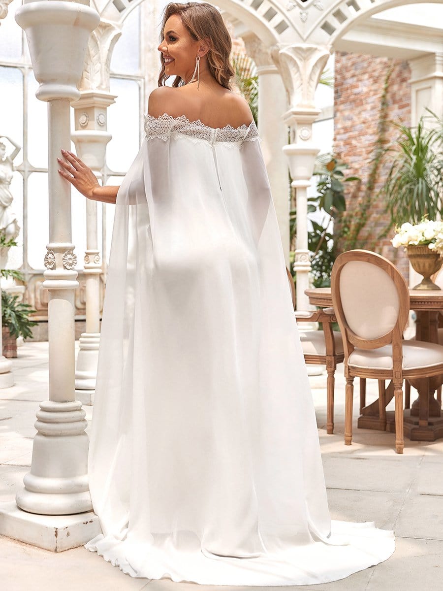 Color=Cream | Stylish Chiffon Cloak Off Shoulder Mermaid Wedding Dress-Cream 2 Color=Cream | Stylish Chiffon Cloak Off Shoulder Mermaid Wedding Dress-Cream 2