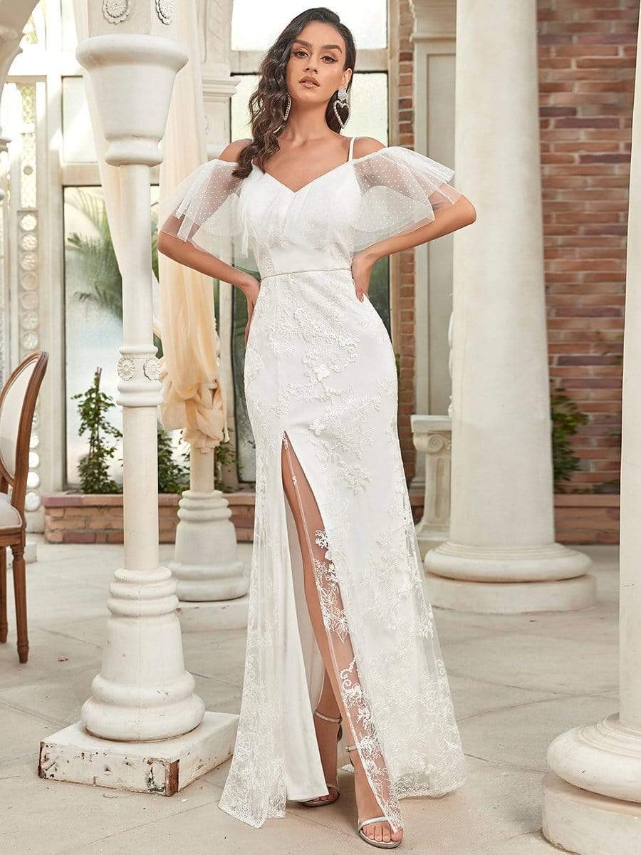 Color=White | Cold Shoulder Ruffle Slit Wedding Dress-White 4 Color=White | Cold Shoulder Ruffle Slit Wedding Dress-White 4