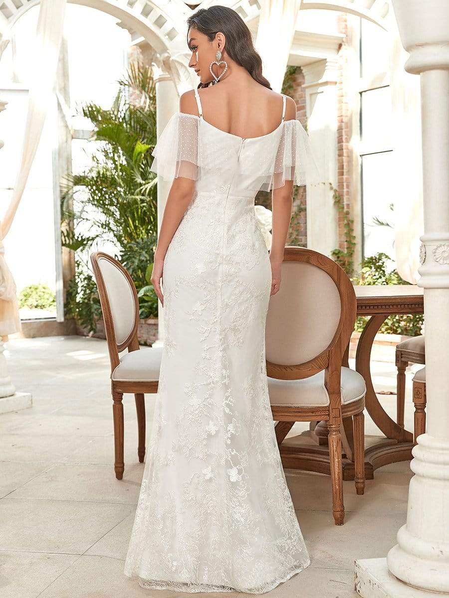 Color=White | Cold Shoulder Ruffle Slit Wedding Dress-White 2
