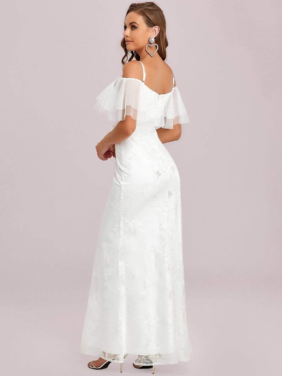 Color=White | Cold Shoulder Ruffle Slit Wedding Dress-White 6 Color=White | Cold Shoulder Ruffle Slit Wedding Dress-White 6