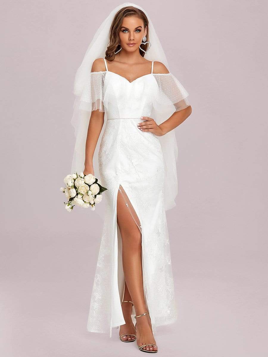 Color=White | Cold Shoulder Ruffle Slit Wedding Dress-White 5 Color=White | Cold Shoulder Ruffle Slit Wedding Dress-White 5