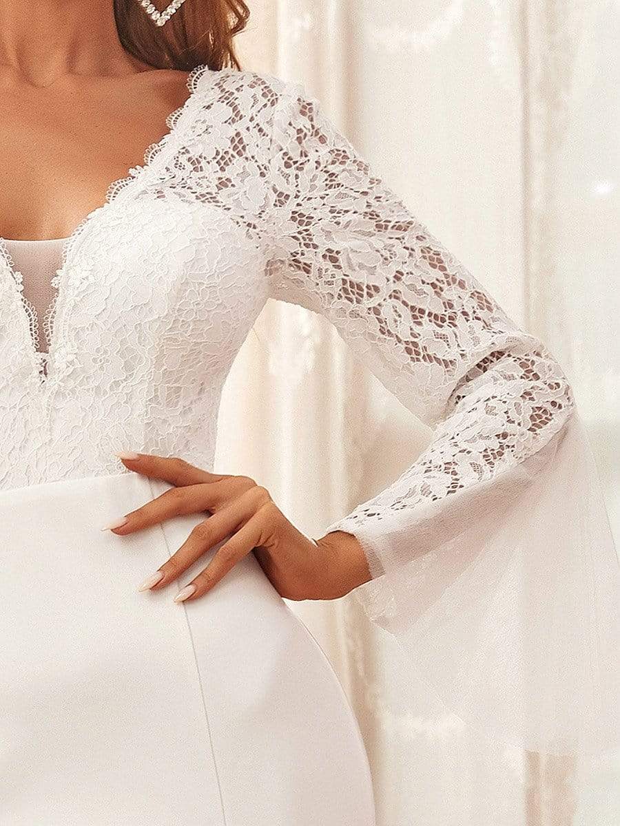 Color=Cream | Elegant Deep V Lace Long Sleeve Mermaid Wedding Dress-Cream 4 Color=Cream | Elegant Deep V Lace Long Sleeve Mermaid Wedding Dress-Cream 4