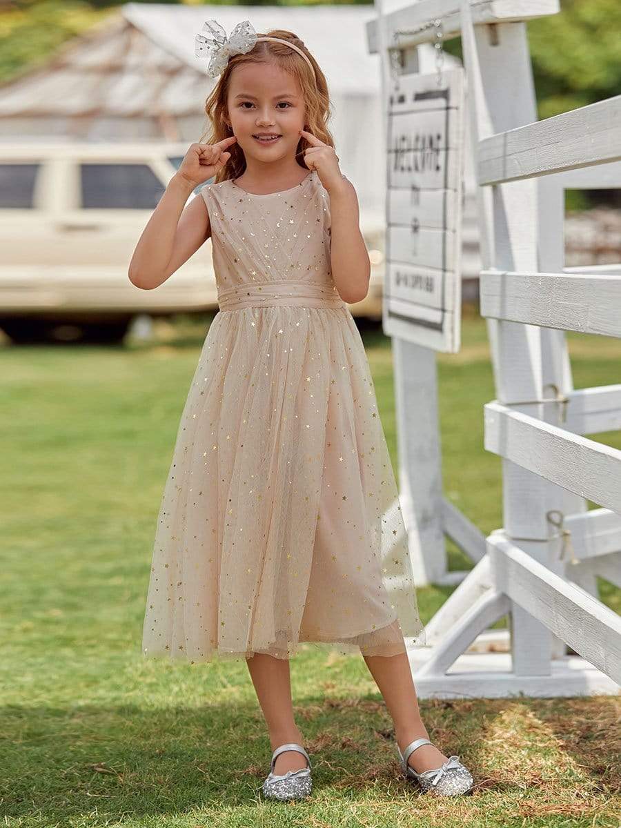 Color=Blush | Sweet Round Neck Sleeveless Tulle & Sequin Flower Girl Dress With Ruched Belt-Blush 3 Color=Blush | Sweet Round Neck Sleeveless Tulle & Sequin Flower Girl Dress With Ruched Belt-Blush 3