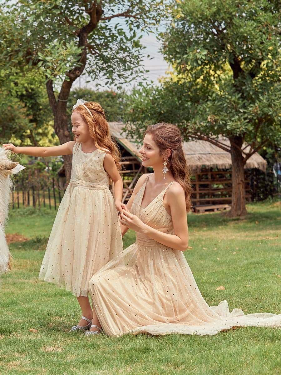 Color=Blush | Sweet Round Neck Sleeveless Tulle & Sequin Flower Girl Dress With Ruched Belt-Blush 8 Color=Blush | Sweet Round Neck Sleeveless Tulle & Sequin Flower Girl Dress With Ruched Belt-Blush 8