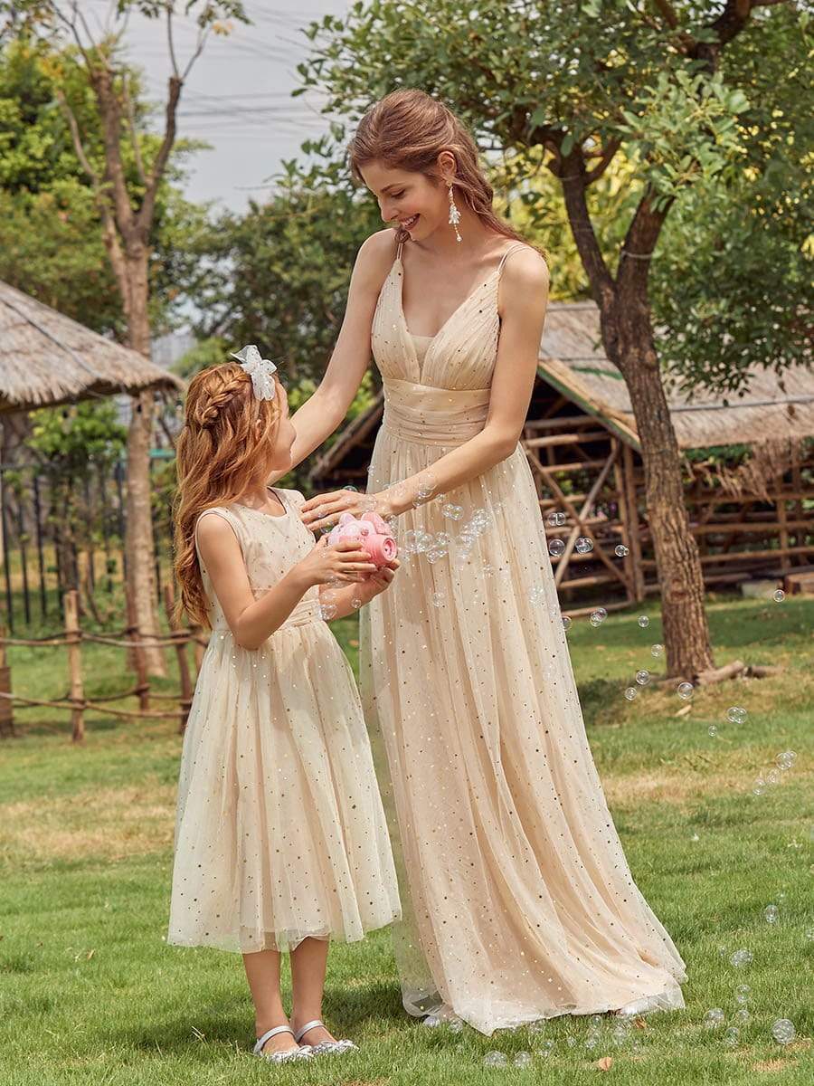 Color=Blush | Sweet Round Neck Sleeveless Tulle & Sequin Flower Girl Dress With Ruched Belt-Blush 9 Color=Blush | Sweet Round Neck Sleeveless Tulle & Sequin Flower Girl Dress With Ruched Belt-Blush 9