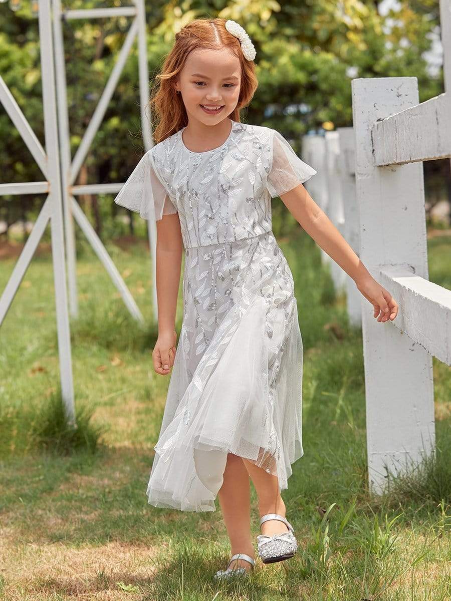 Color=White | Fancy Round Neck Tulle Flower Girl Dress With Sequin-White 4 Color=White | Fancy Round Neck Tulle Flower Girl Dress With Sequin-White 4