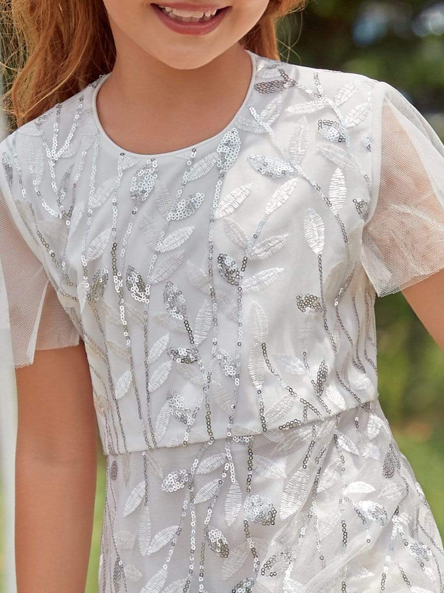 Color=White | Fancy Round Neck Tulle Flower Girl Dress With Sequin-White 5 Color=White | Fancy Round Neck Tulle Flower Girl Dress With Sequin-White 5