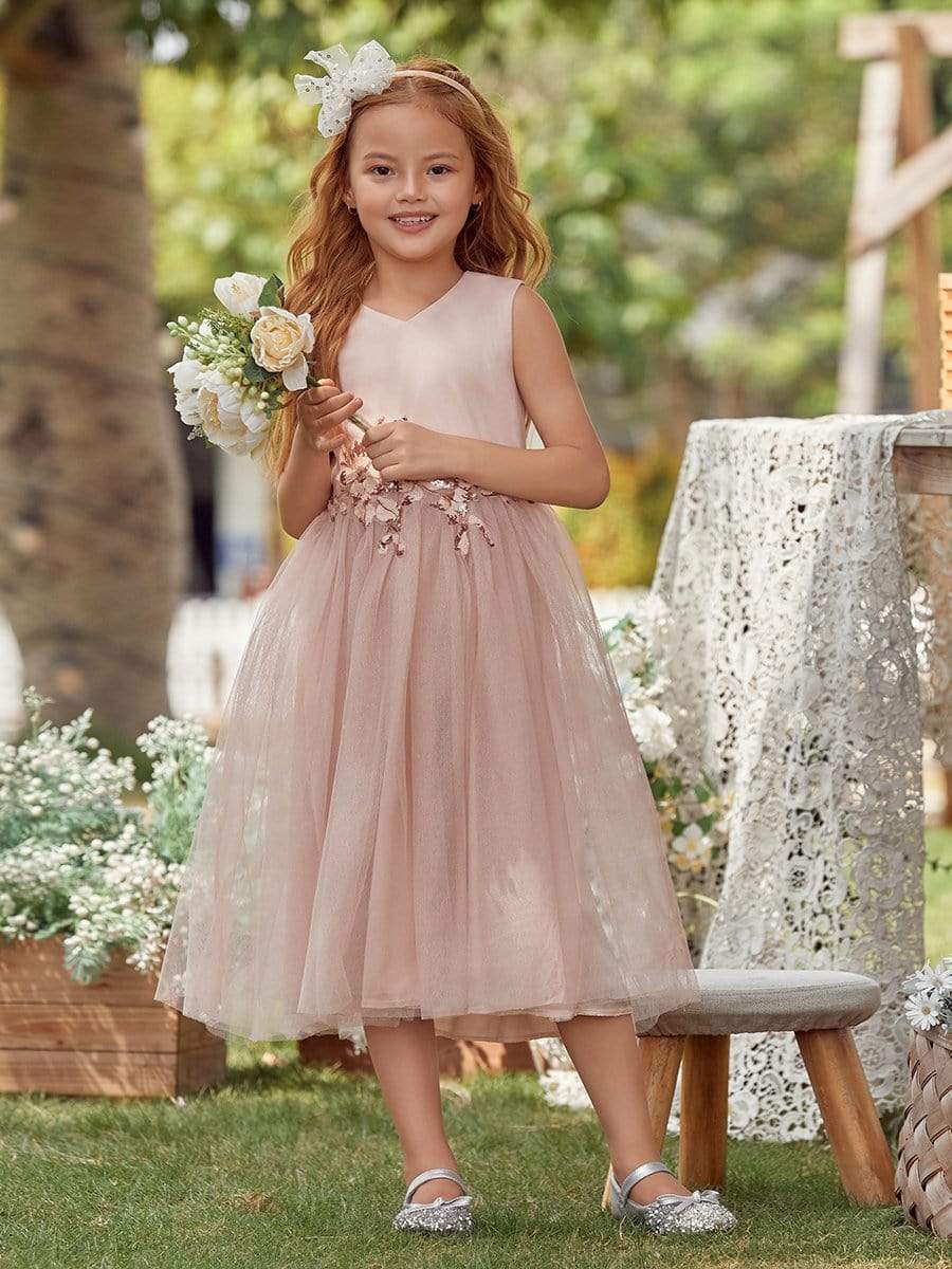 Color=Blush | Fancy Long A-Line Tulle Flower Girl Dress With Appliques-Blush 3 Color=Blush | Fancy Long A-Line Tulle Flower Girl Dress With Appliques-Blush 3