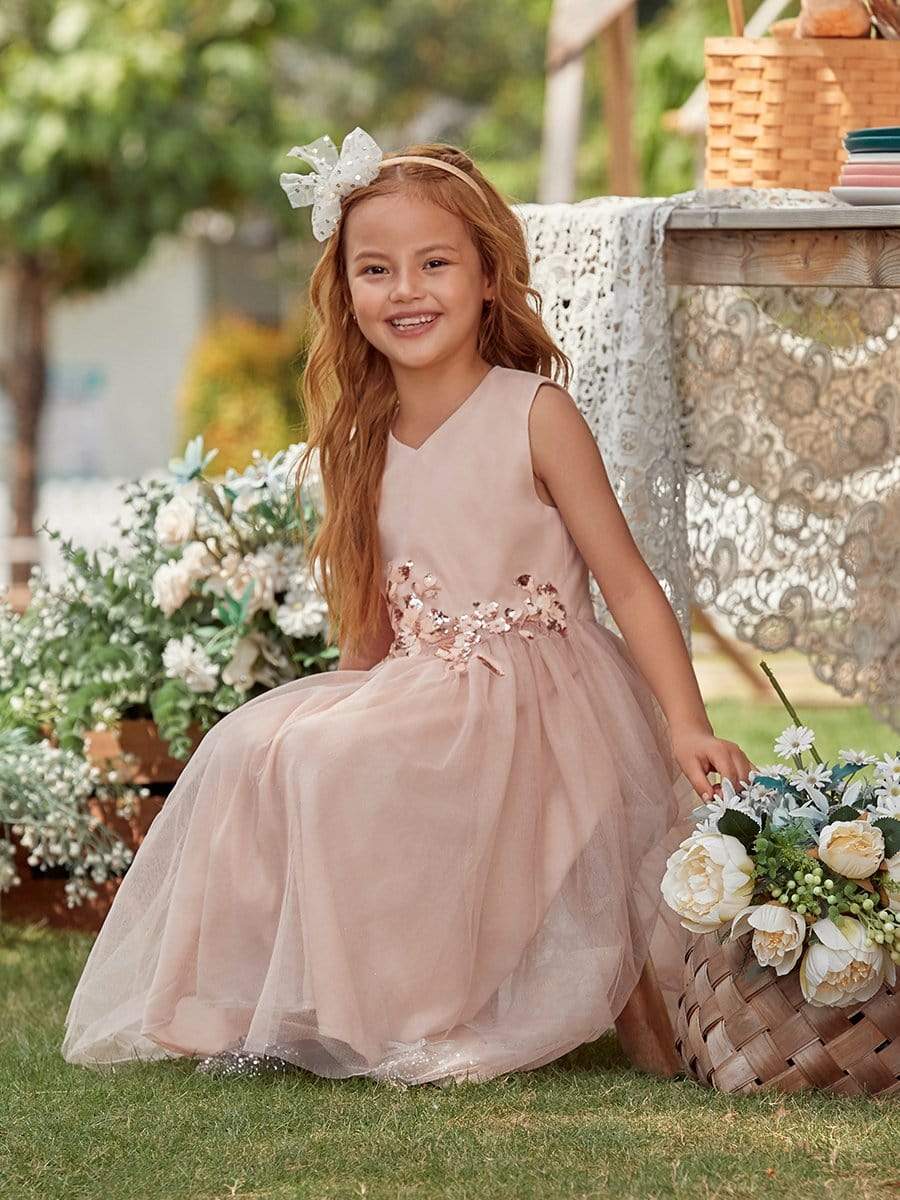 Color=Blush | Fancy Long A-Line Tulle Flower Girl Dress With Appliques-Blush 4 Color=Blush | Fancy Long A-Line Tulle Flower Girl Dress With Appliques-Blush 4