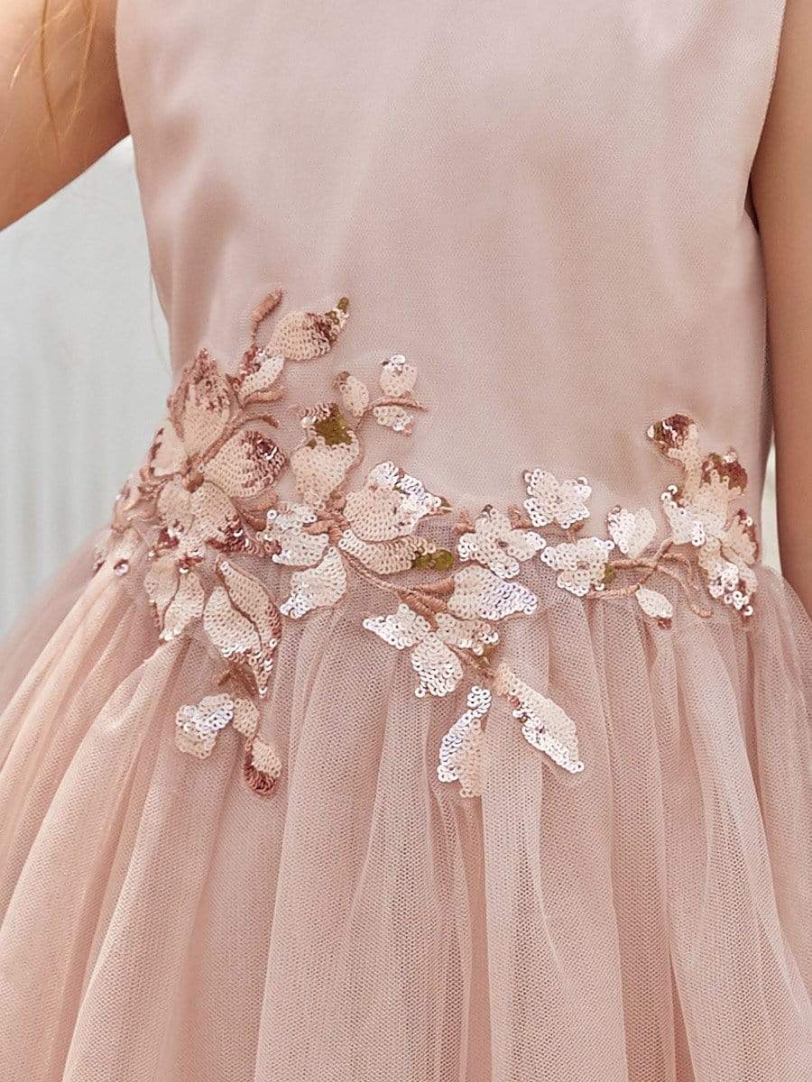 Color=Blush | Fancy Long A-Line Tulle Flower Girl Dress With Appliques-Blush 5 Color=Blush | Fancy Long A-Line Tulle Flower Girl Dress With Appliques-Blush 5