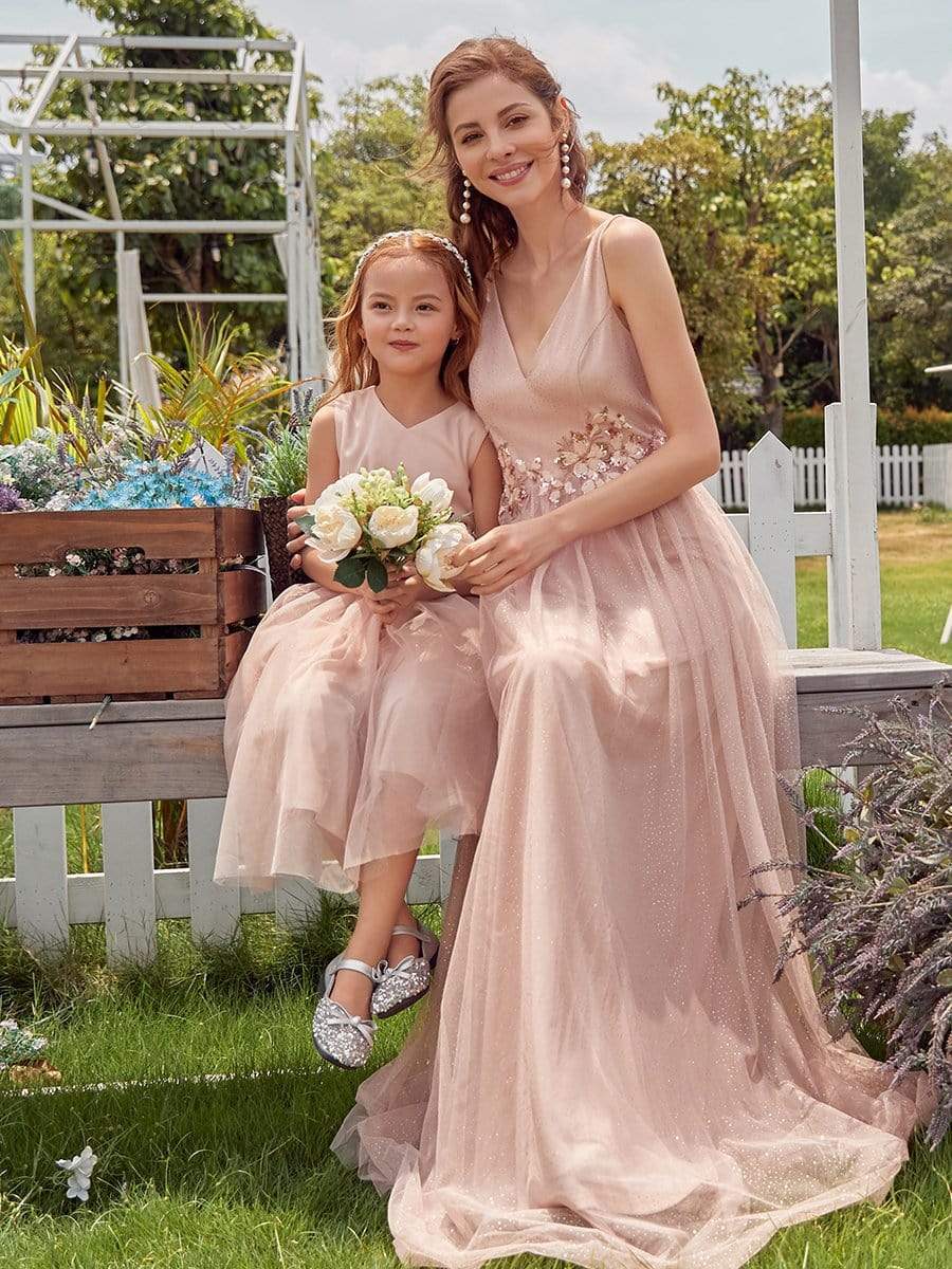 Color=Blush | Fancy Long A-Line Tulle Flower Girl Dress With Appliques-Blush 6 Color=Blush | Fancy Long A-Line Tulle Flower Girl Dress With Appliques-Blush 6