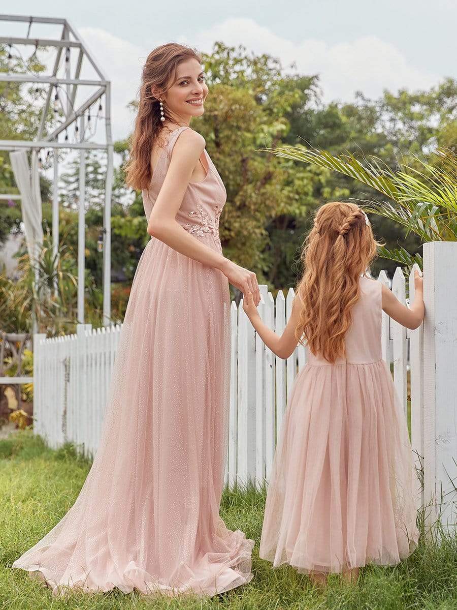 Color=Blush | Fancy Long A-Line Tulle Flower Girl Dress With Appliques-Blush 7 Color=Blush | Fancy Long A-Line Tulle Flower Girl Dress With Appliques-Blush 7