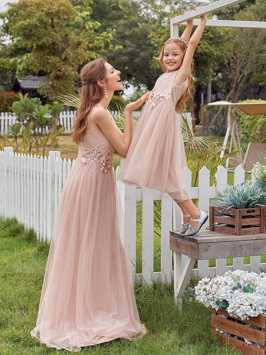 Color=Blush | Fancy Long A-Line Tulle Flower Girl Dress With Appliques-Blush 8 Color=Blush | Fancy Long A-Line Tulle Flower Girl Dress With Appliques-Blush 8