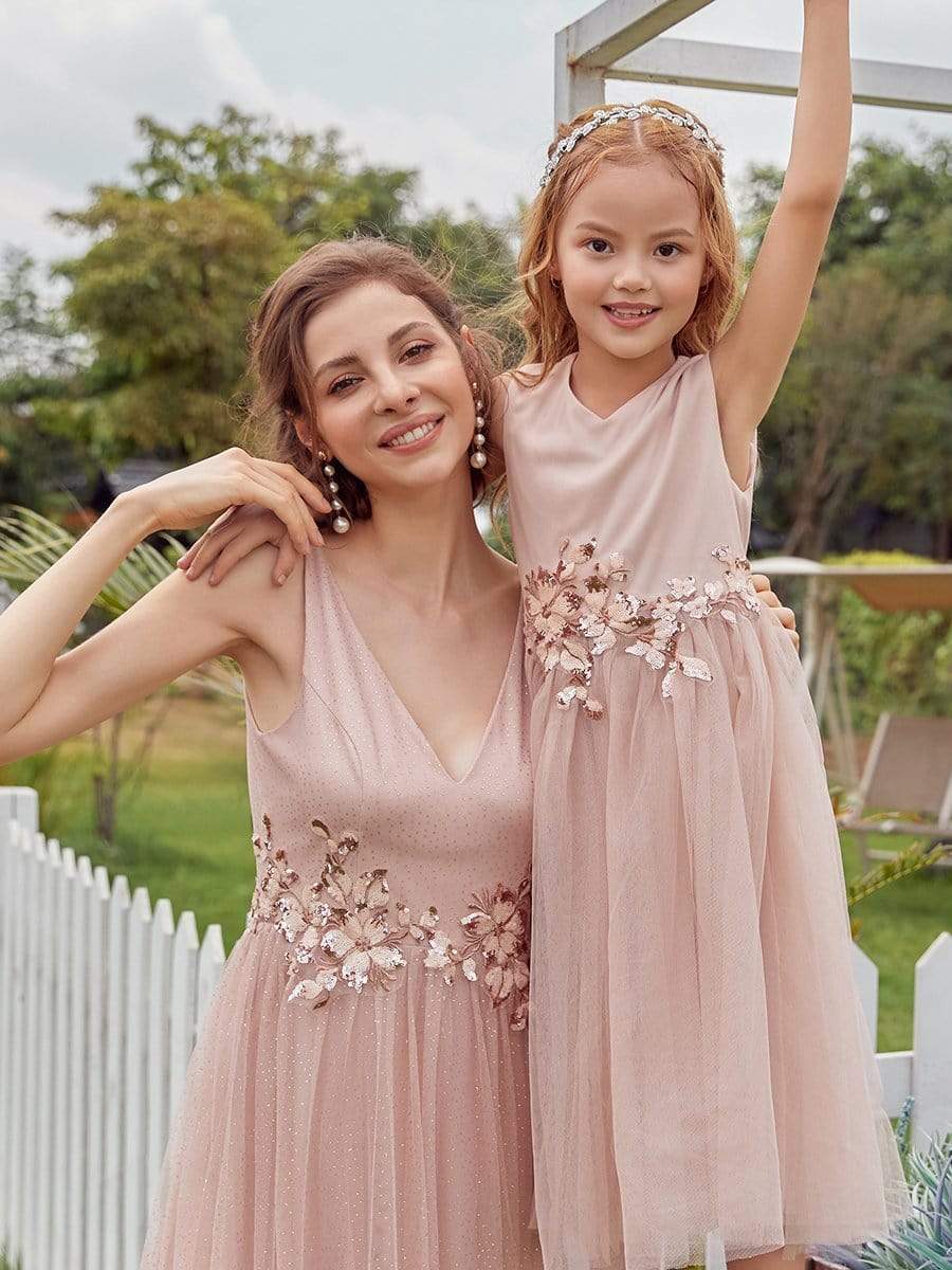 Color=Blush | Fancy Long A-Line Tulle Flower Girl Dress With Appliques-Blush 9 Color=Blush | Fancy Long A-Line Tulle Flower Girl Dress With Appliques-Blush 9