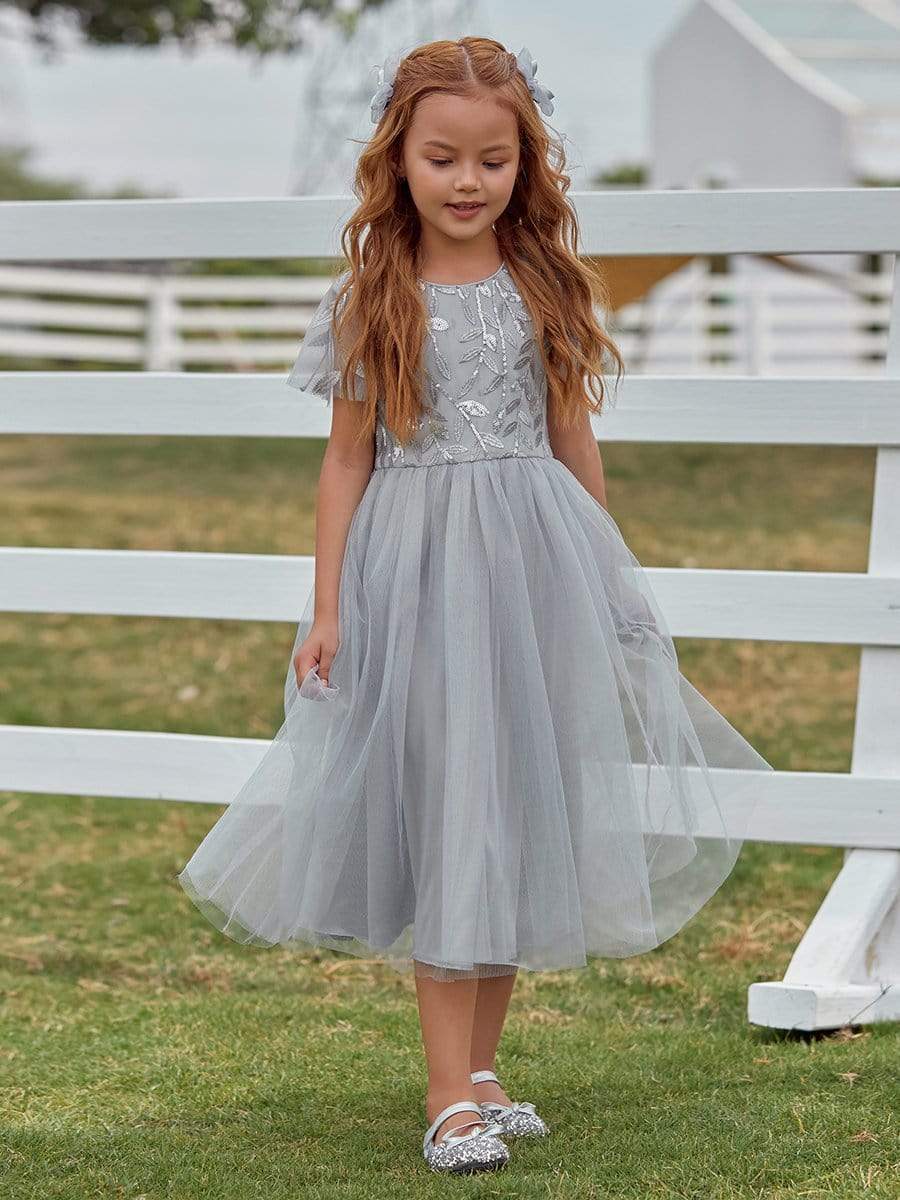 Color=Grey | Cute A-Line Round Neck Tulle Flower Girl Dress With Sequin-Grey 4 Color=Grey | Cute A-Line Round Neck Tulle Flower Girl Dress With Sequin-Grey 4