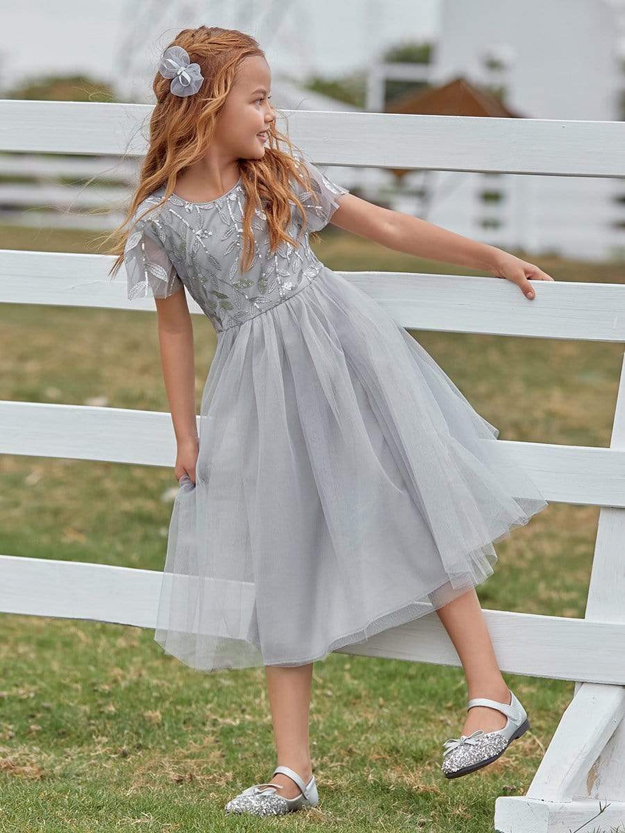 Color=Grey | Cute A-Line Round Neck Tulle Flower Girl Dress With Sequin-Grey 1 Color=Grey | Cute A-Line Round Neck Tulle Flower Girl Dress With Sequin-Grey 1