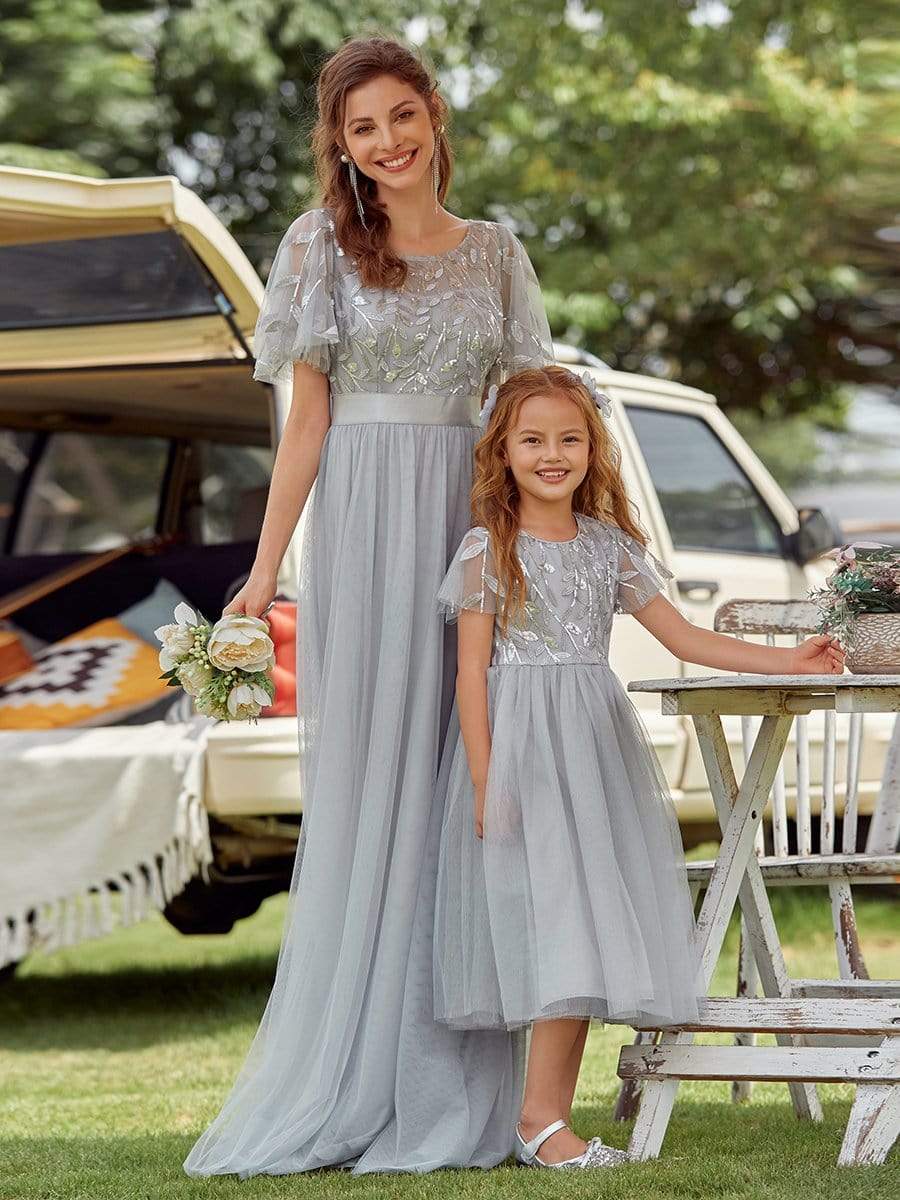 Color=Grey | Cute A-Line Round Neck Tulle Flower Girl Dress With Sequin-Grey 6 Color=Grey | Cute A-Line Round Neck Tulle Flower Girl Dress With Sequin-Grey 6